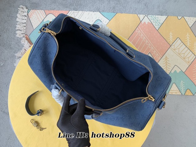 路易威登LV旅行包 LV新款男士手提旅行袋 M44645藍 KEEPALL 50旅行袋 牛仔布藍色旅行袋枕頭包 xxlv1458